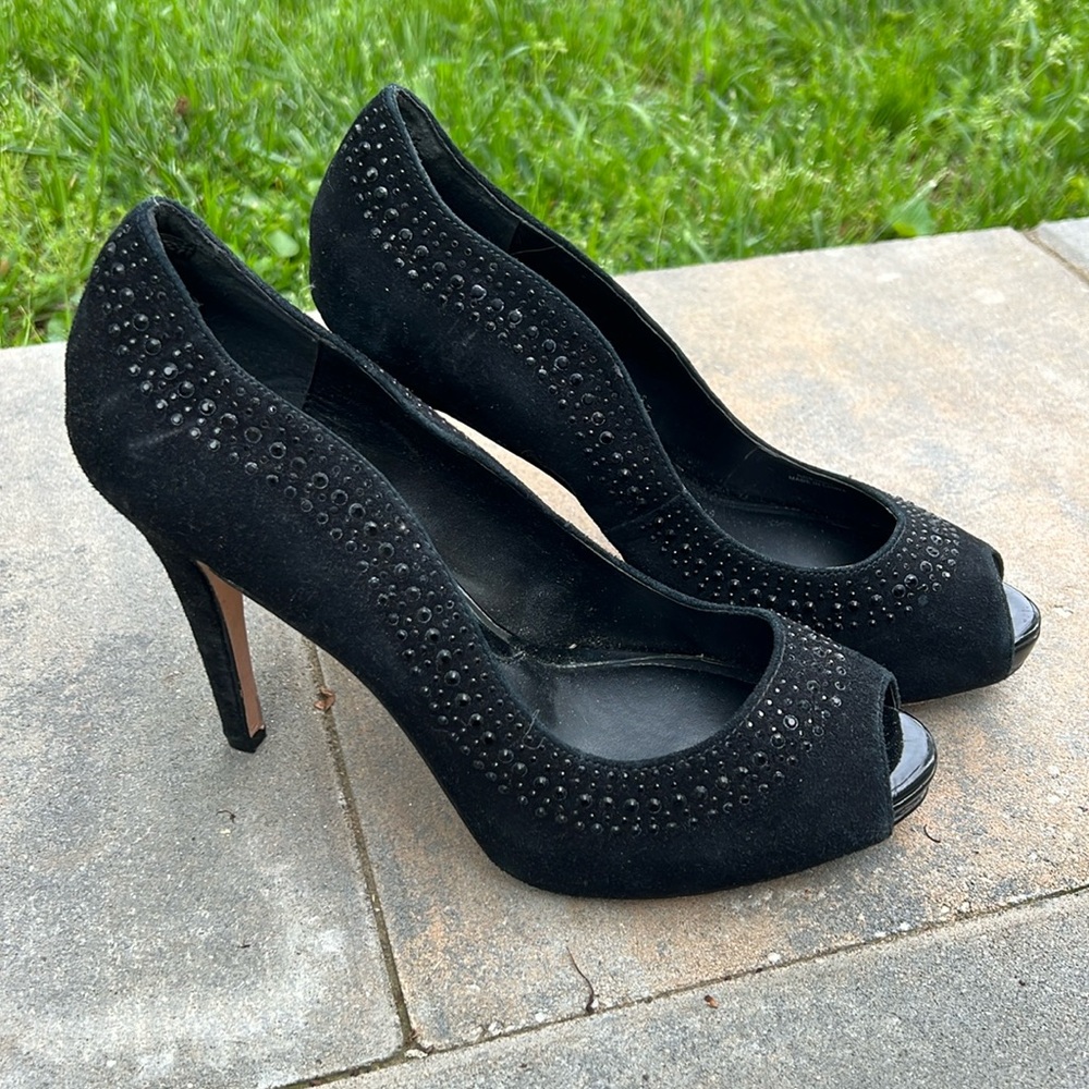 White House Black Market Black Suede Heels with Stones